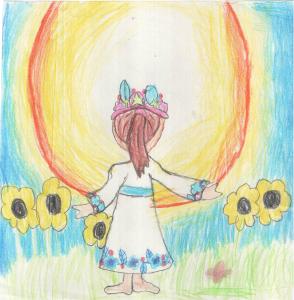 Gelbe Sonne und blauer Himmel für jedes Kind auf dieser Welt. Das Kind trägt ein Folklore-Kleid (Blumen). Blauer Himmel und Sonnenblumen stehen für die ukrainische Farben. Gemalt von Margarita, 7 Jahre aus der Ukraine.
Günther Klebes 